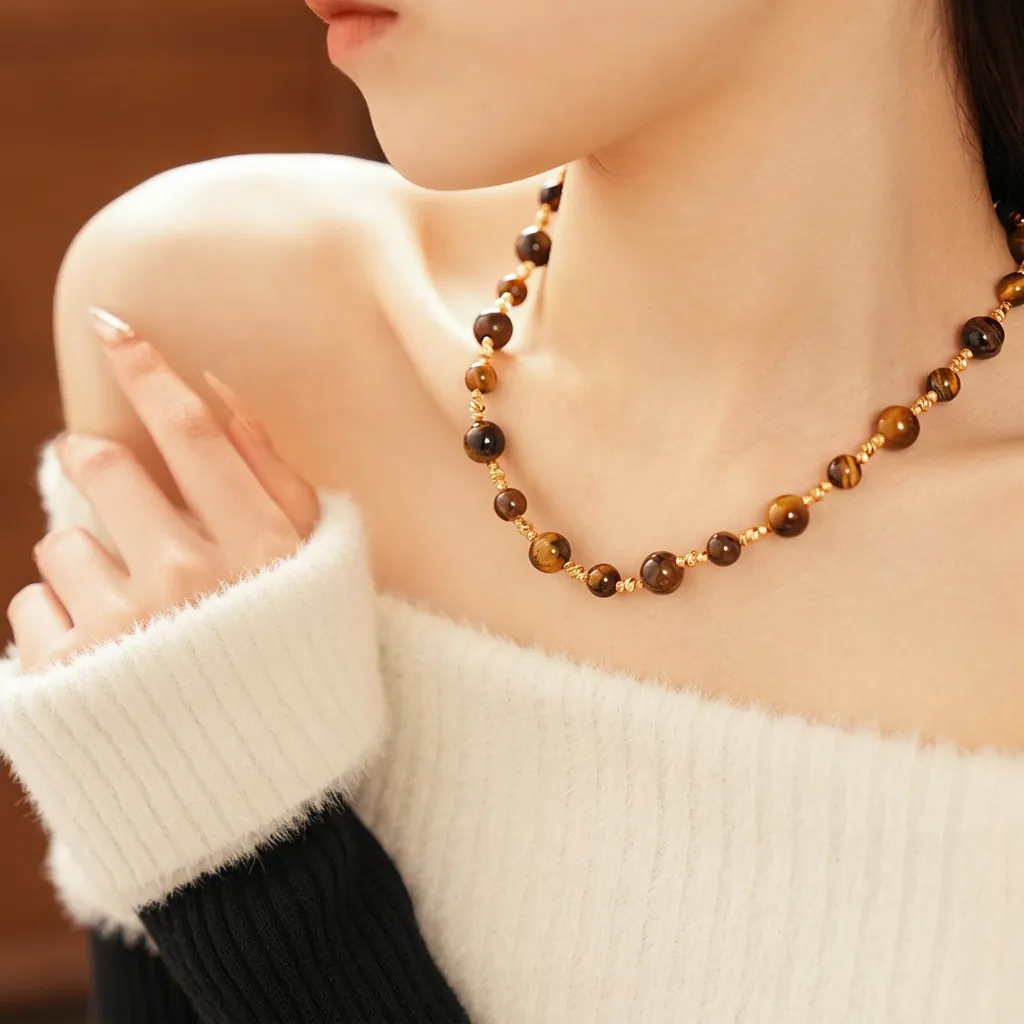 Collana Perline Occhio Di Tigre Rame Placcato Oro Vero Chiusura Zircone Tondo Vintage Francese Gioielli Moda Donna