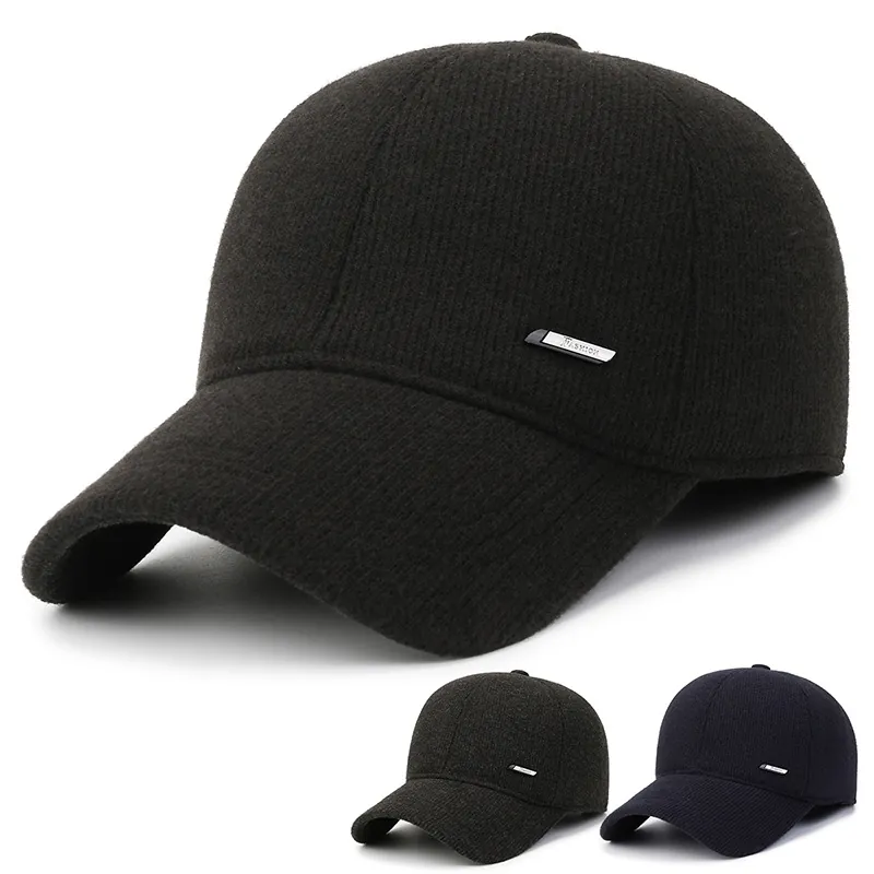 Men Winter Baseball Cap With Ear Protection Thickened Warm Woolen Like Fabric Peaked Hat Solid Color Outdoor