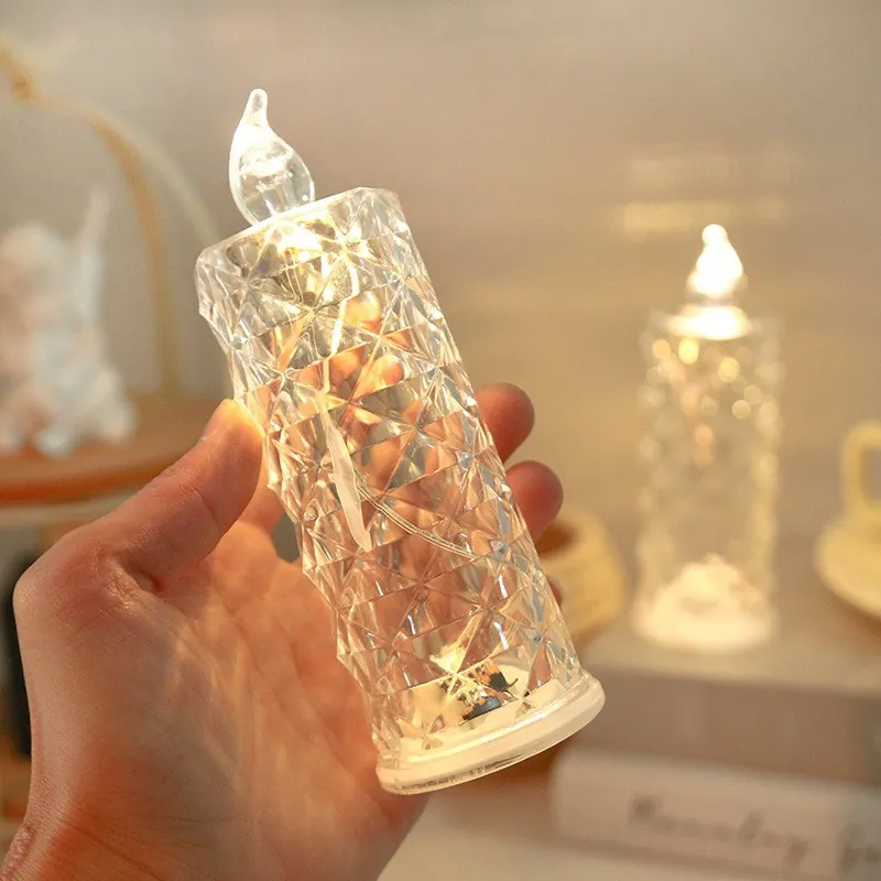 Crystal Texture LED Electronic Candle Light Rose Pattern Projection Atmosphere Lamp For Wedding Romantic Party Decor Warm Light