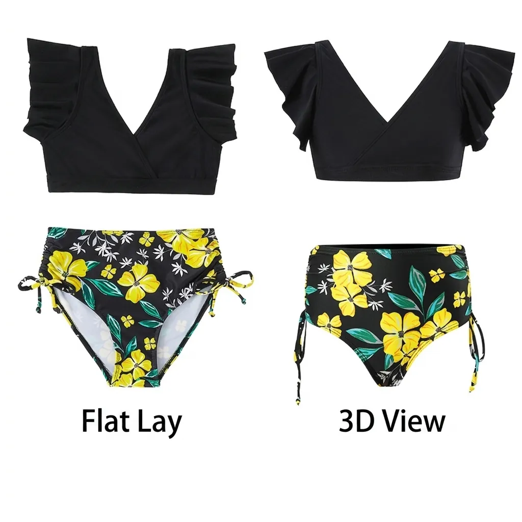 Costume Da Bagno Ragazza Tankini Volant Maniche A Farfalla Scollo A V Vita Alta Stampa Floreale Tropici Nylon Elastico