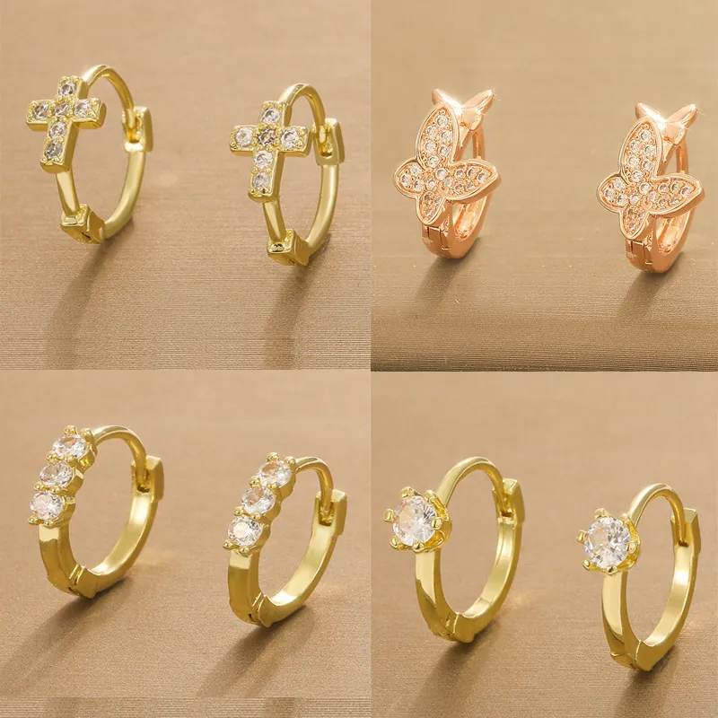 Exquisite Copper Rhinestone Hoop Earrings For Women Fashion Butterfly Cross Round Diamond Inlaid Ear Cuffs Jewelry Accessories