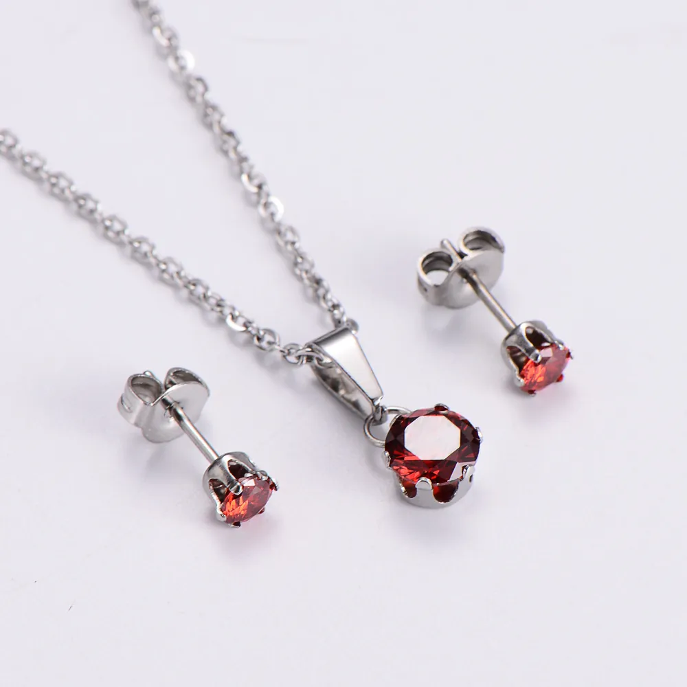 Round Zircon Necklace And Stud Earrings 316L Stainless Steel Simple Elegant French Style Jewelry For Women