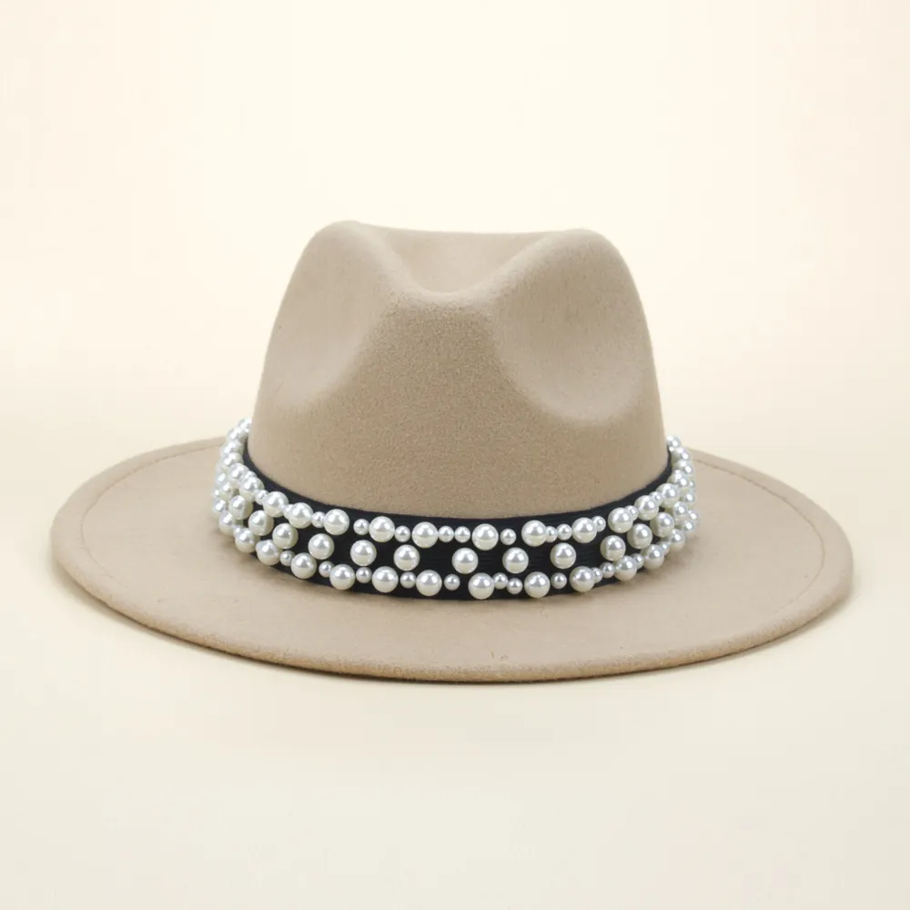 Women Wool Felt Fedora Hat Artificial Pearl Beaded Ribbon Vintage Jazz Style Elegant Wide Flat Brim Retro Cap Accessory