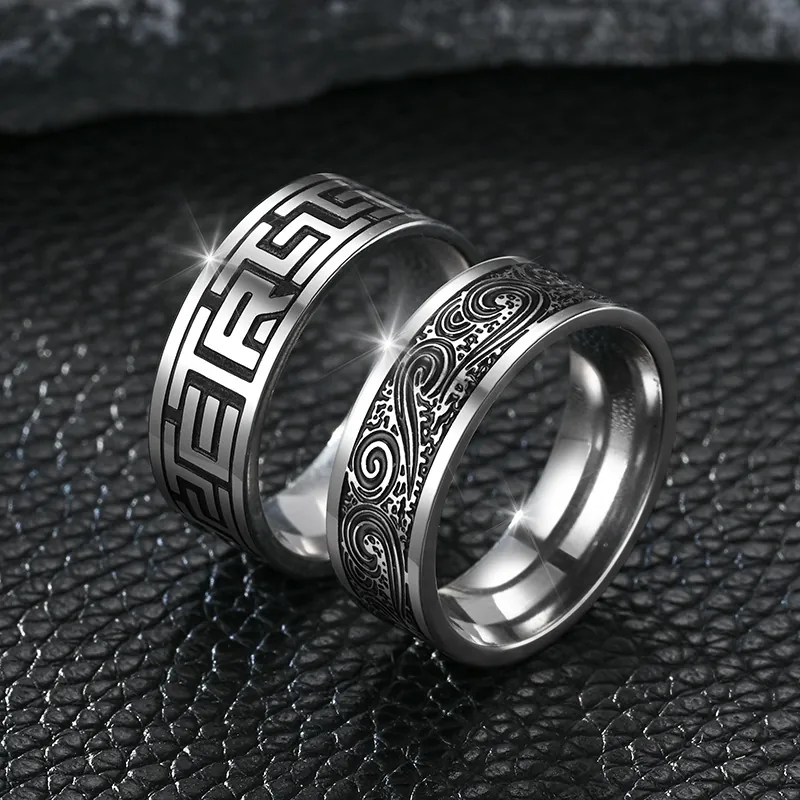 Bague Vintage En Acier Titane Motif Clé Grecque Texture Vague Jésus Religieux Anneau Gravé Bijoux Pour Hommes Femmes
