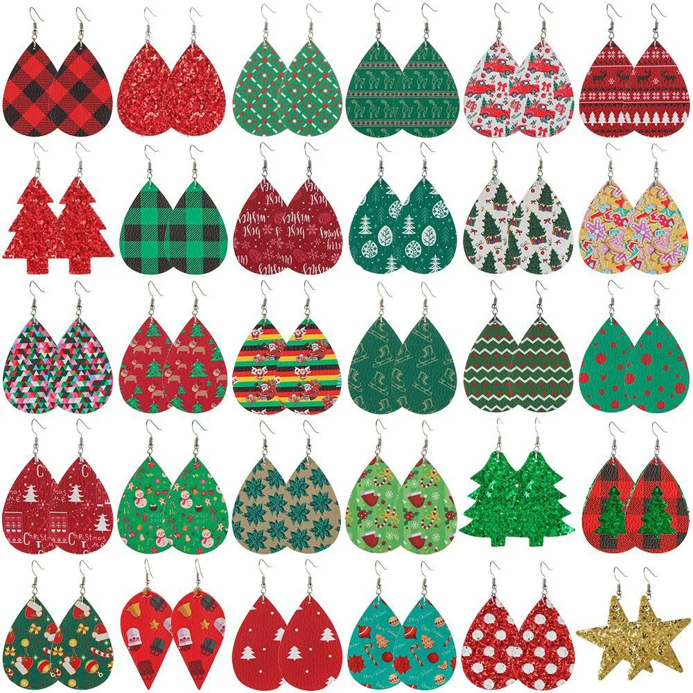 Christmas Faux Leather Teardrop Dangle Earrings Festive Plaid Glitter Star Tree Pattern Holiday Jewelry For Women Girls