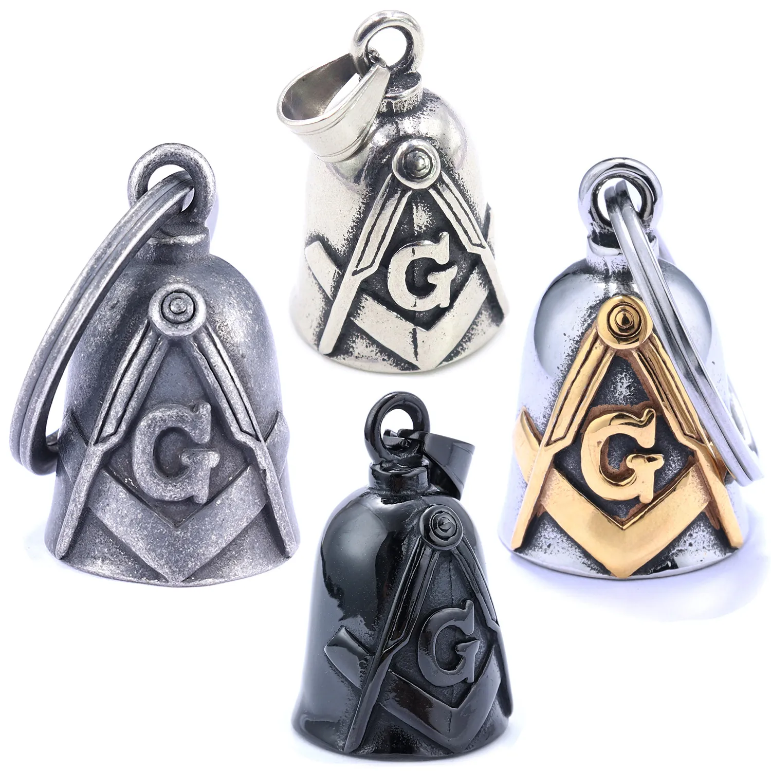 Stainless Steel Masonic Bell Pendant Necklace Vintage Mystery Symbol Jewelry Retro Antique Finish Industrial Style