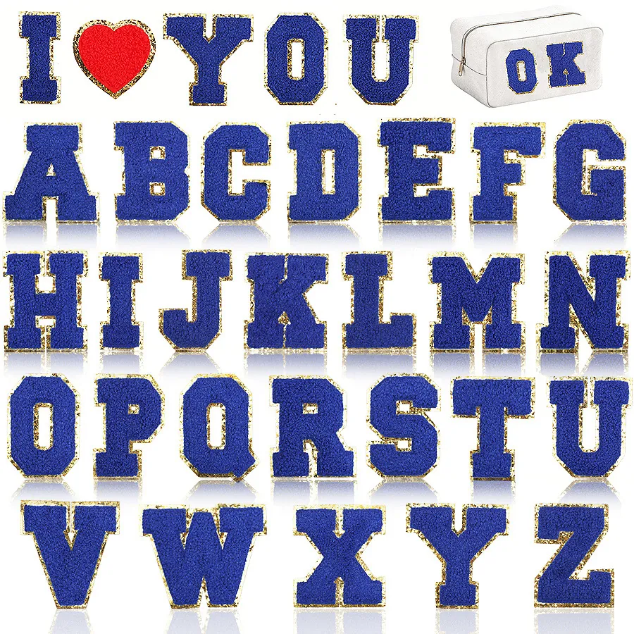 Chenille Letter Patches Royal Blue Gold Glitter Border Iron On Embroidery Patch For Clothes Bag Hat DIY Decoration