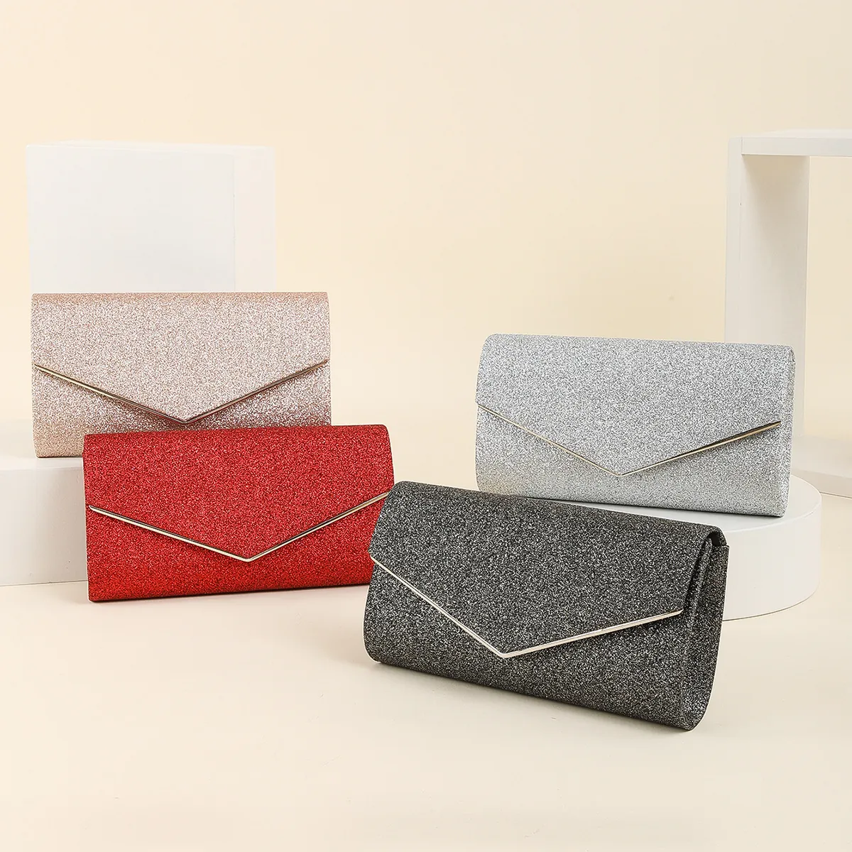 Pochette Da Sera Luccicante Donna Poliestere Finiture In Metallo A V Borsa A Busta Con Catena Feste Matrimonio Elegante
