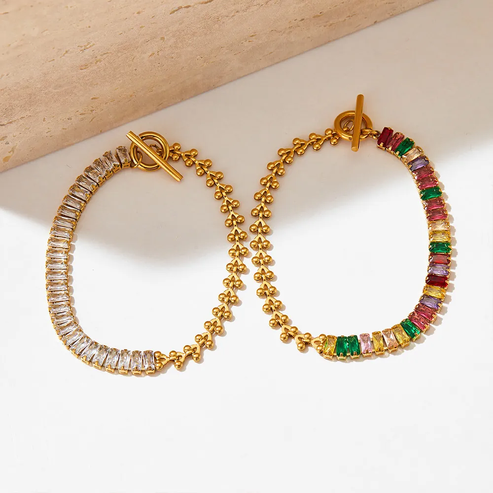 Stainless Steel Bracelet Women Square Colorful Clear Zircon Spliced Bead Cuban Chain Toggle Clasp Fashion Jewelry