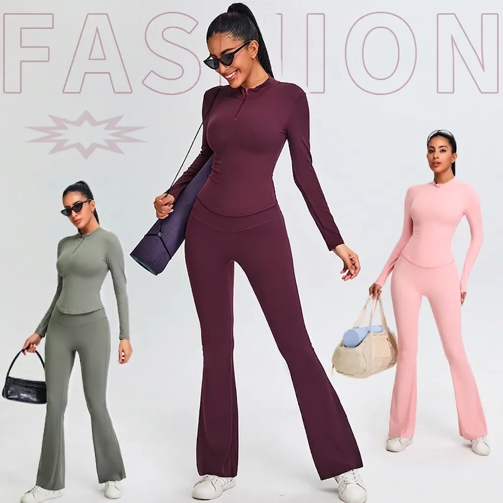 Women Yoga Set Quarter Zip Stand Collar Slim Fit Long Sleeve Top And High Waist Flare Pants Breathable Quick Dry Activewear