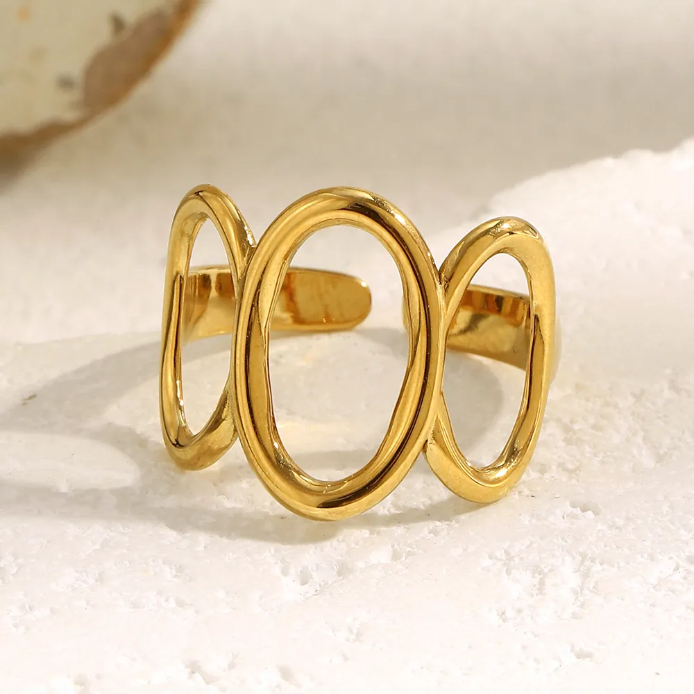 Bague Ouverte Géométrique Acier Inoxydable Plaqué Or 18 Carats Creuse Multicouche Bijoux De Mode Ajustables Pour Femmes