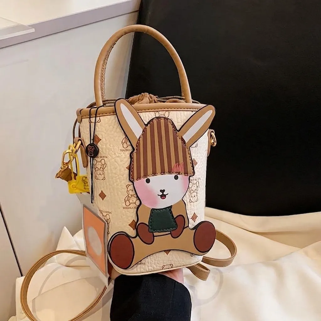 Bucket Bag PU Leather Cartoon Bunny Shoulder Crossbody Handbag Small Drawstring Cute Fashion Women Girls