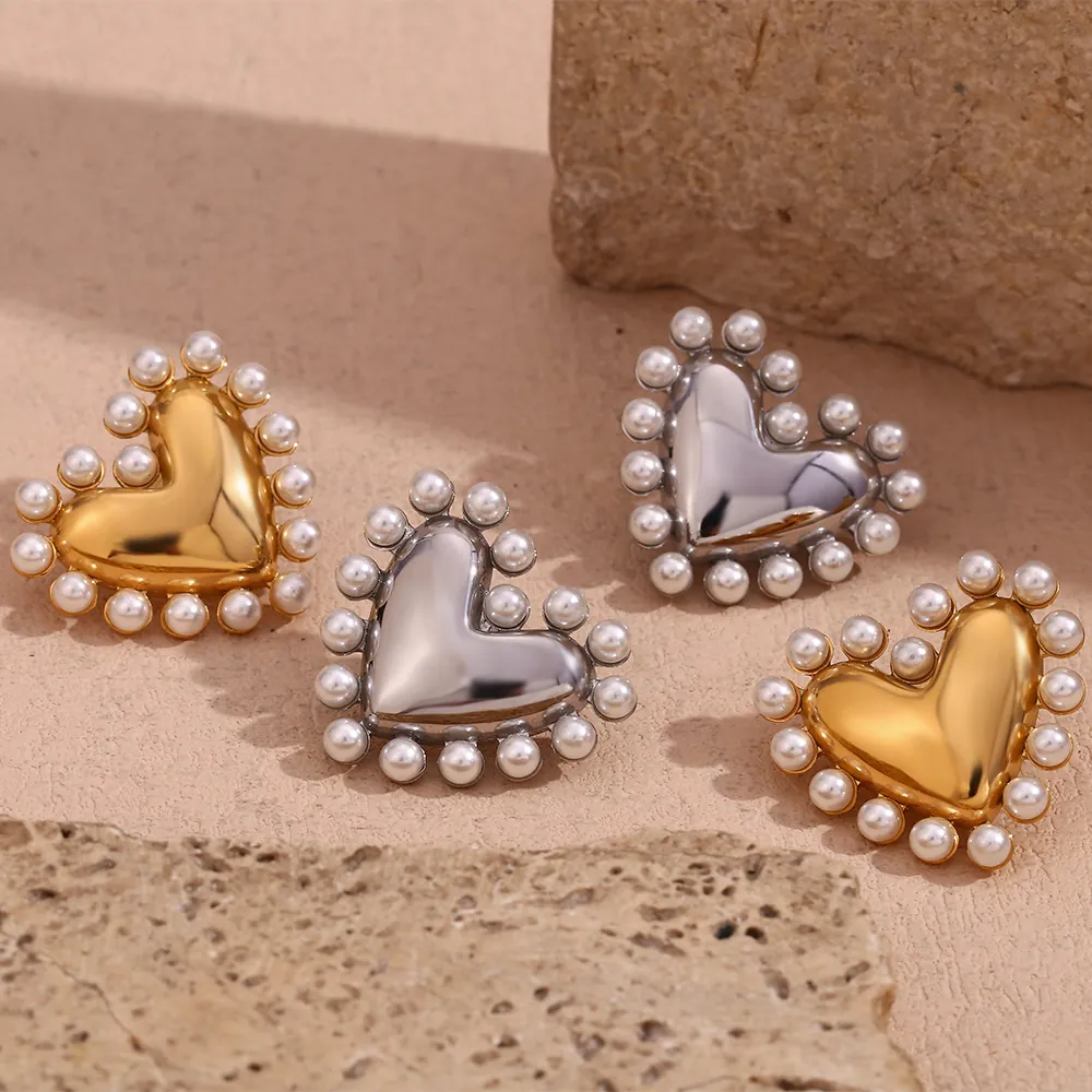 Vintage Heart Stud Earrings Stainless Steel 18K Gold Plated With Faux Artificial Pearl Elegant Romantic Fashion Jewelry For Women