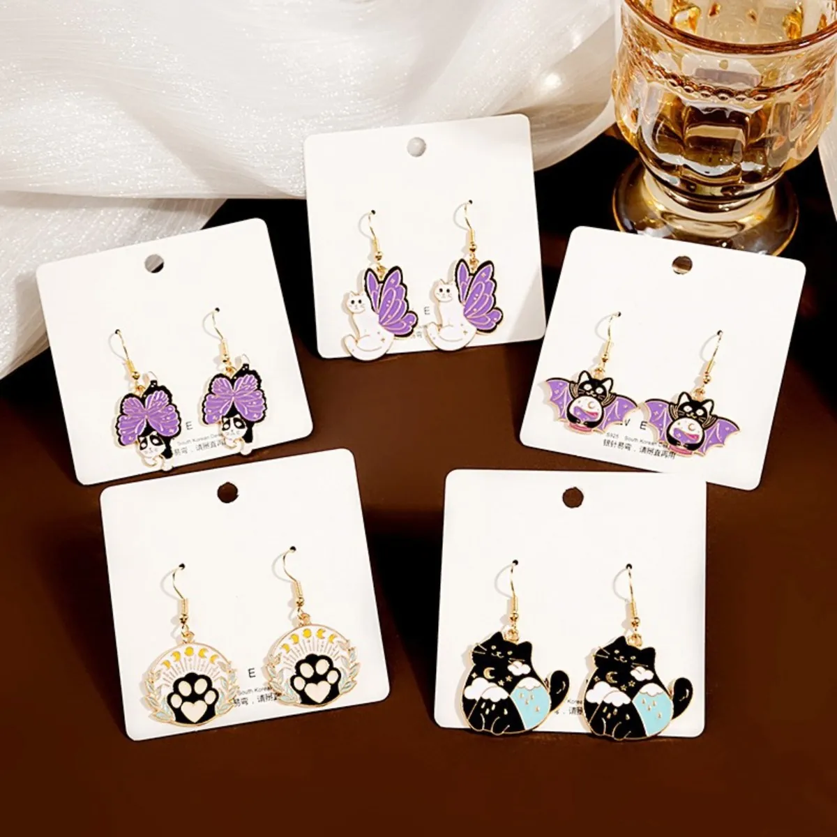 Cartoon Cat Bat Butterfly Enamel Dangle Earrings For Women With 925 Sterling Silver Earring Post Alloy Metal