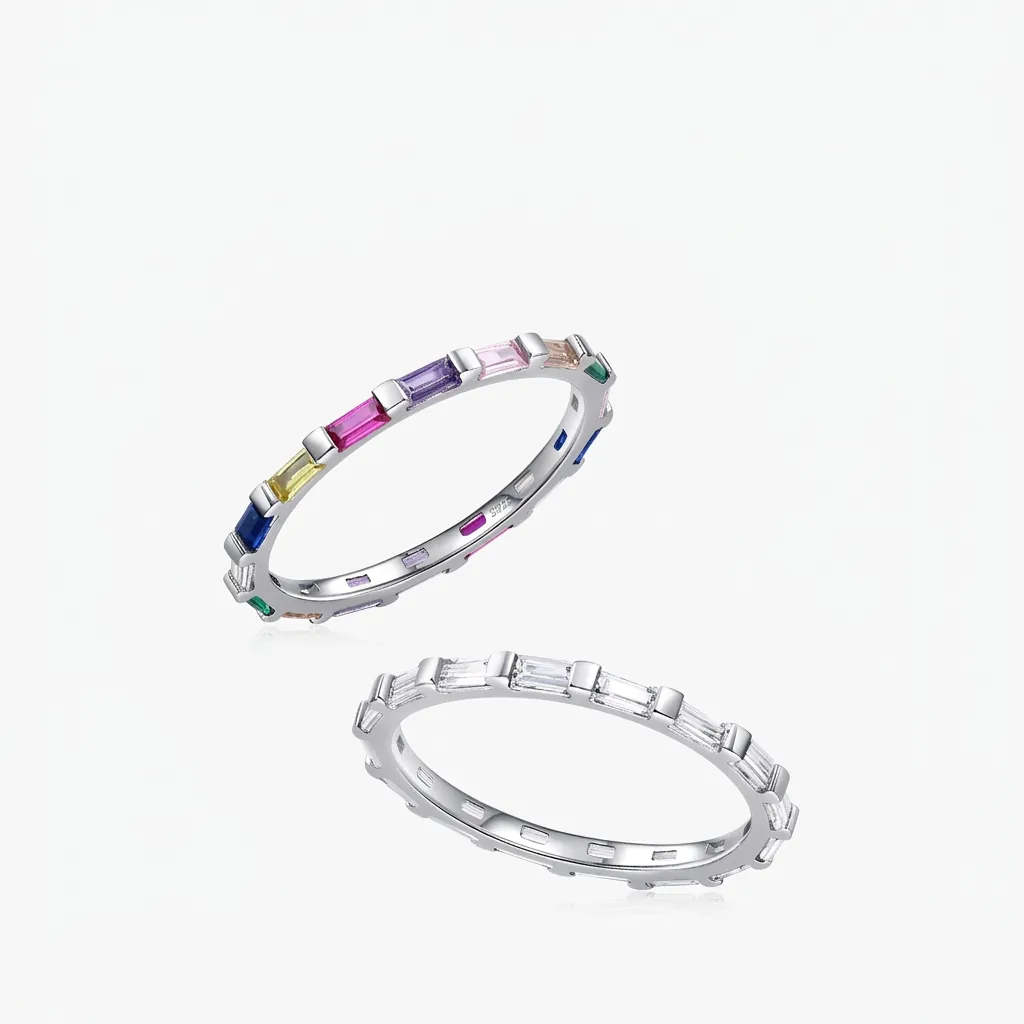Anello Eternity Arcobaleno Argento Sterling 925 Taglio Baguette Zircone Colorato Fascia Sovrapponibile Geometrica Per Donne
