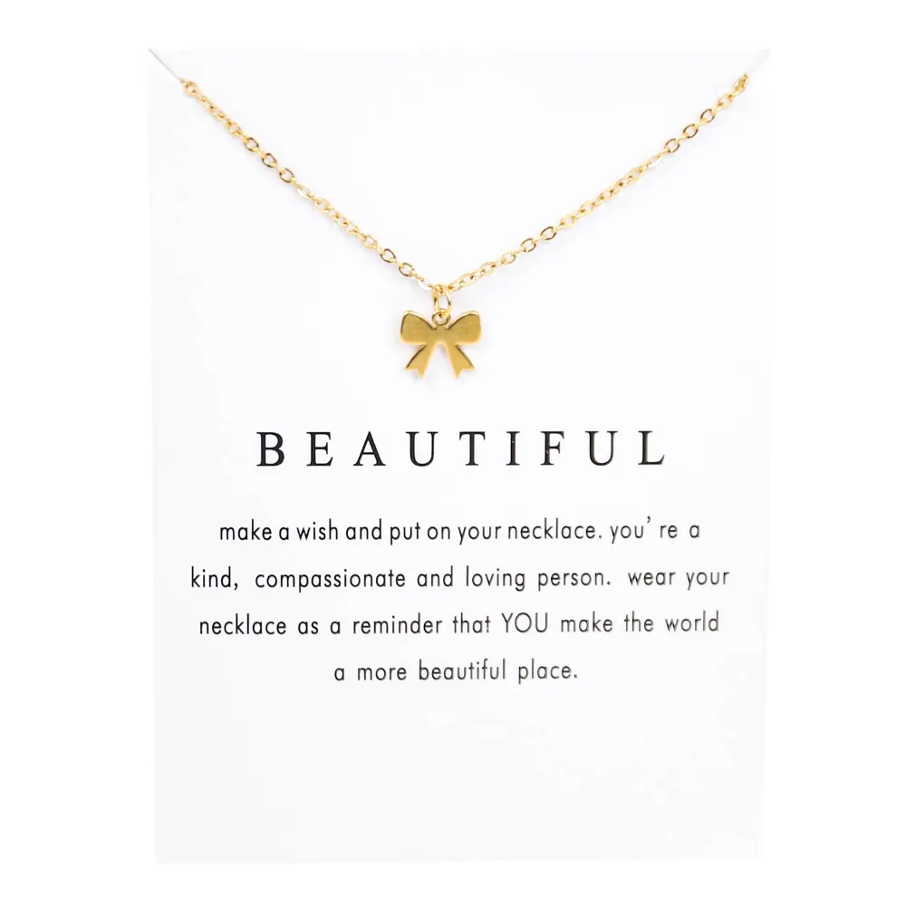 Stainless Steel Bowknot Pendant Necklace With Inspirational Card Gold Silver Plated Dainty Chain Jewelry For Children Girls