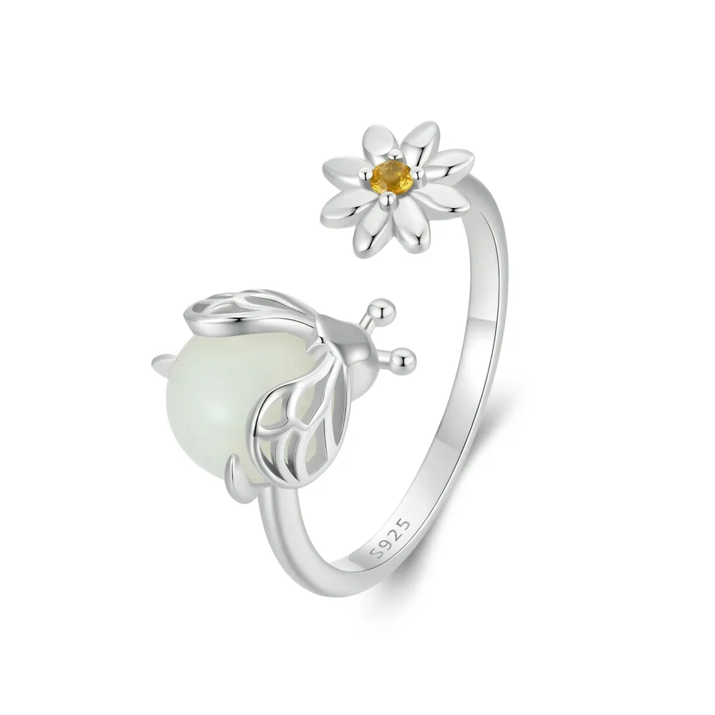 925 Sterling Silver Firefly Daisy Open Ring Glow In The Dark Rhinestone Adjustable Animal Flower Finger Ring Women Jewelry Gift