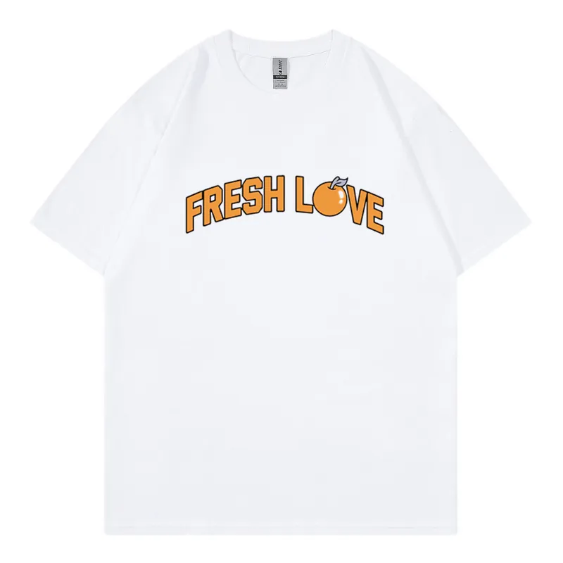 T-shirt Homme Imprimé Fresh Love Orange Coton Respirant Été Décontracté Coupe Large Col Rond Haut Manches Courtes