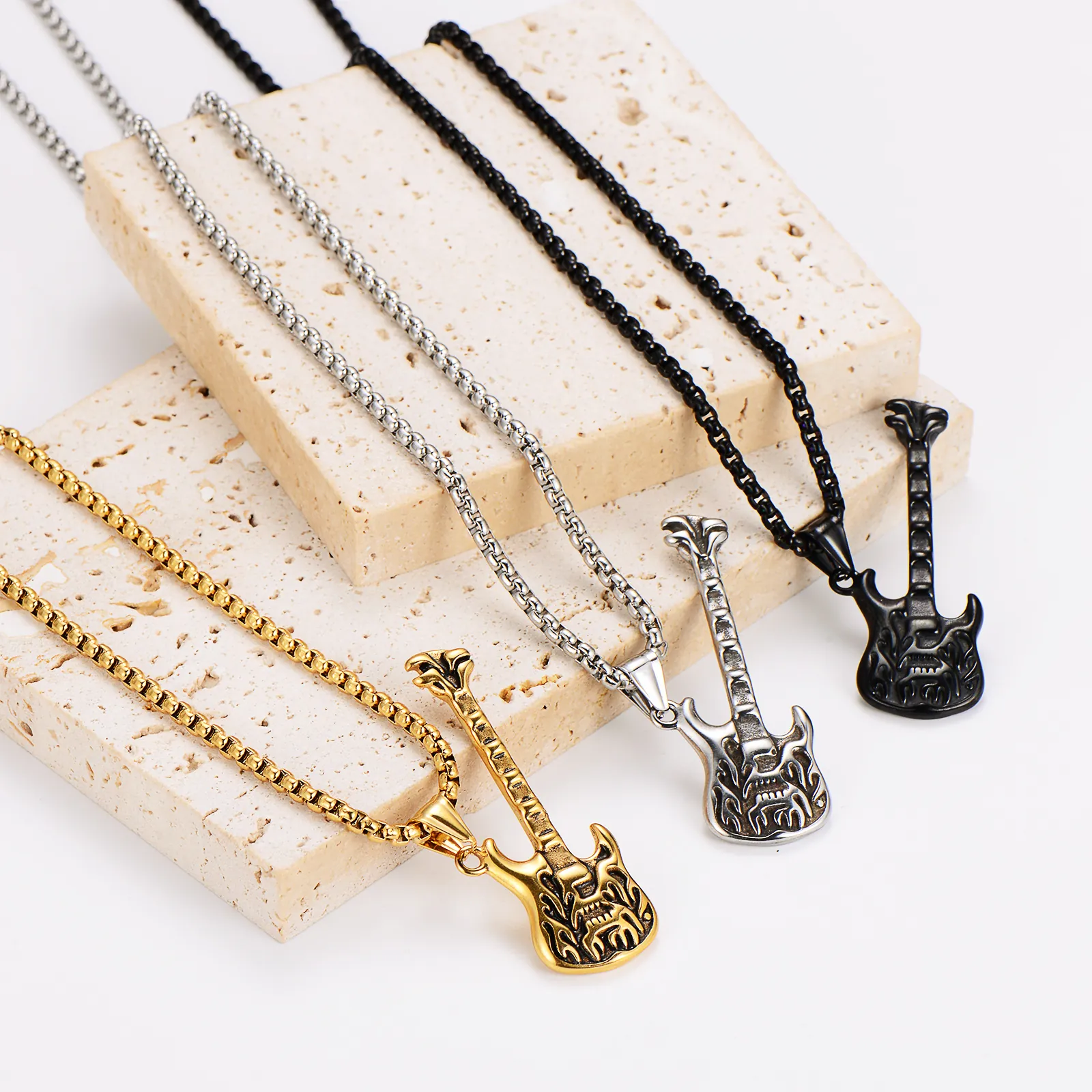 Guitar Pendant Necklace 304 Stainless Steel Flame Pattern Hip Hop Rock Personality Retro Fashion Accessory For Men