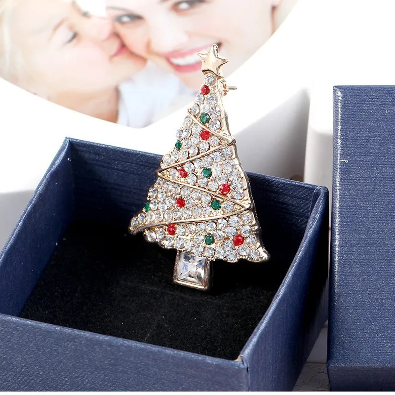 Christmas Tree Brooch Pin For Women Vintage Gold Alloy With Colorful Rhinestone Sparkling Crystal Holiday Party Accessory