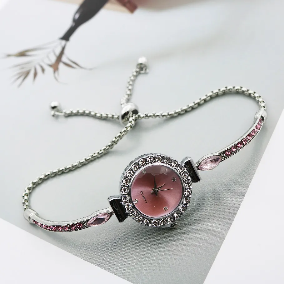 Fashion Women Bracelet Watch Elegant Rhinestone Inlaid Adjustable Drawstring Quartz Watch Alloy Ladies Wristwatch Jewelry Gift