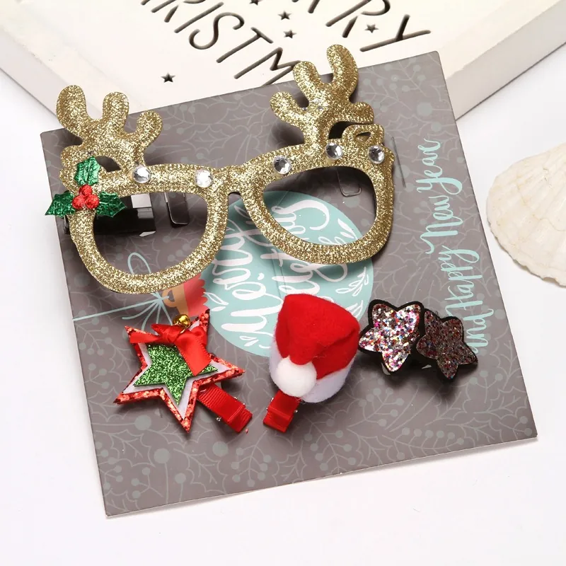 Christmas Accessories Set Reindeer Antler Glasses Santa Hat Hair Clips Star Headband Festive Party Decorations For Kids Women