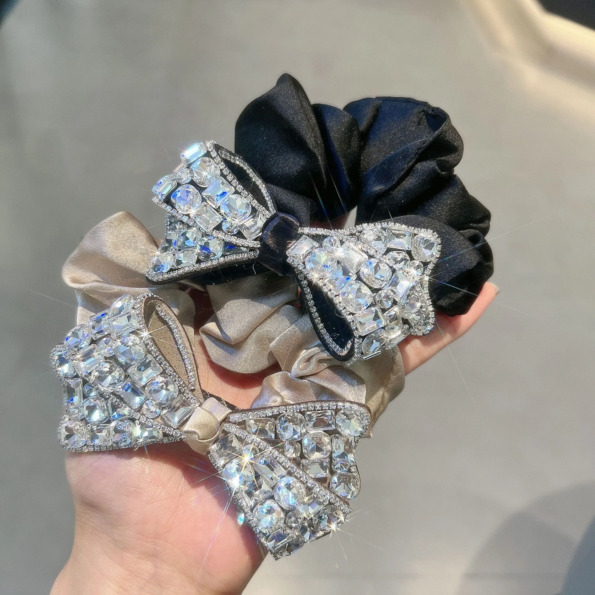Rhinestone Bow Hair Scrunchie Duckbill Clip Luxury Satin Shiny Crystal Hair Ties Accessories For Women