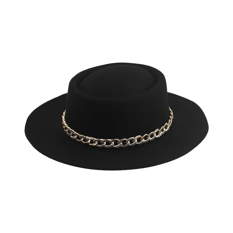 Retro Felt Fedora Hat Flat Brim Jazz Cap With Metal Chain Belt Elegant British Style Sun Hat For Women