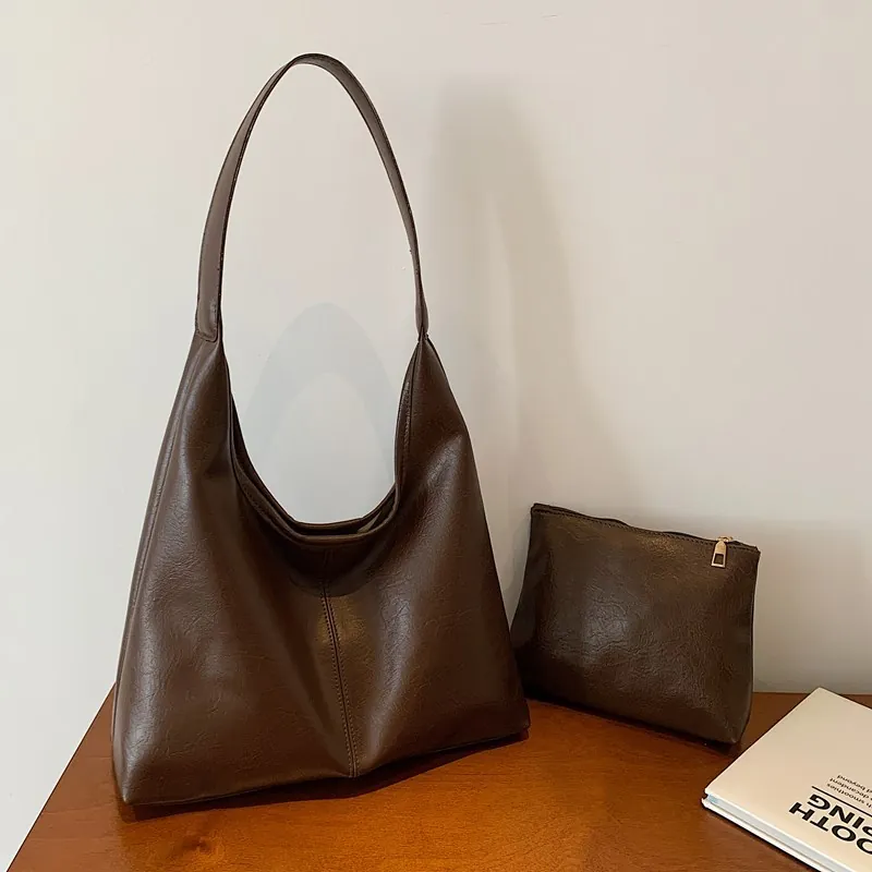 Borsa A Spalla Grande Minimalista In Morbida Pelle PU Borsa Tote Con Pochette Coordinata Stile Urbano Retrò Donna