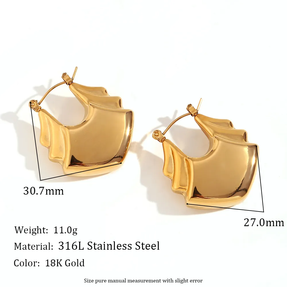 Modern Stainless Steel Three Layer Fan Shaped Hollow Hoop Earrings 18K Gold Plated Geometric Wave Design For Women Jewelry