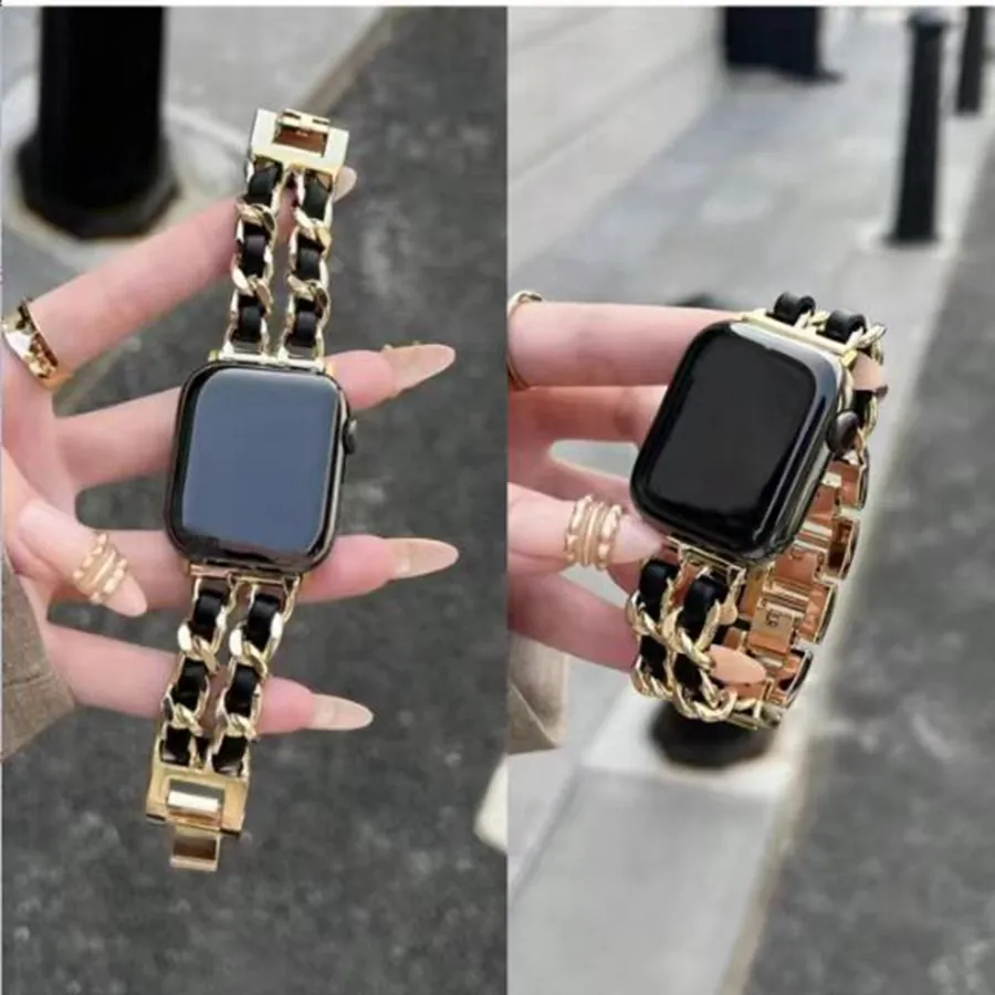 Elegant Alloy Metal Chain Watch Strap Interwoven Leather Replacement Band For Apple Watch Series SE Ultra Fashion Chic