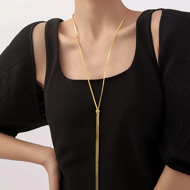 Long Lariat Necklace Copper Snake Chain With Adjustable Slide Buckle Minimalist Sweater Chain Tassel For Women