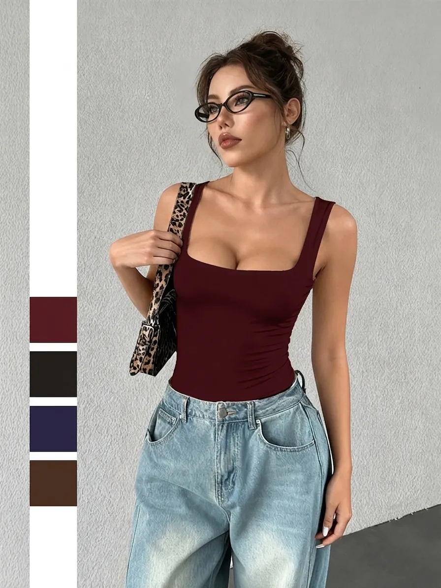 Women Sexy Square Neck Sleeveless Bodysuit Polyester Spandex Slim Fit Solid Color Y2K Style High Cut Basic Top