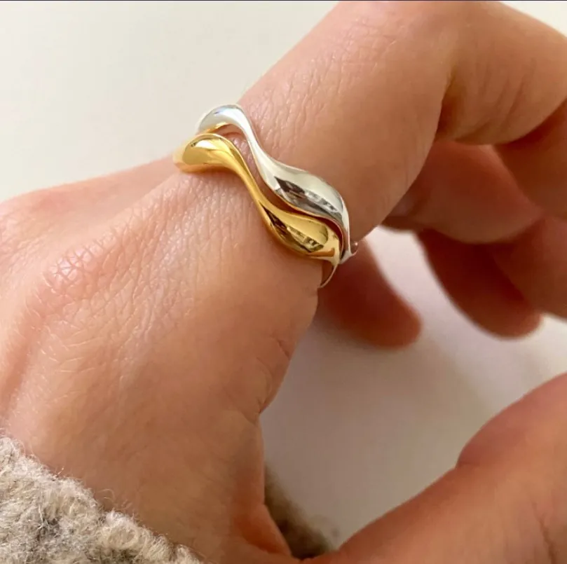 925 Sterling Silver Wave Curve Open Ring Minimalist Adjustable Geometric Finger Jewelry For Women Elegant
