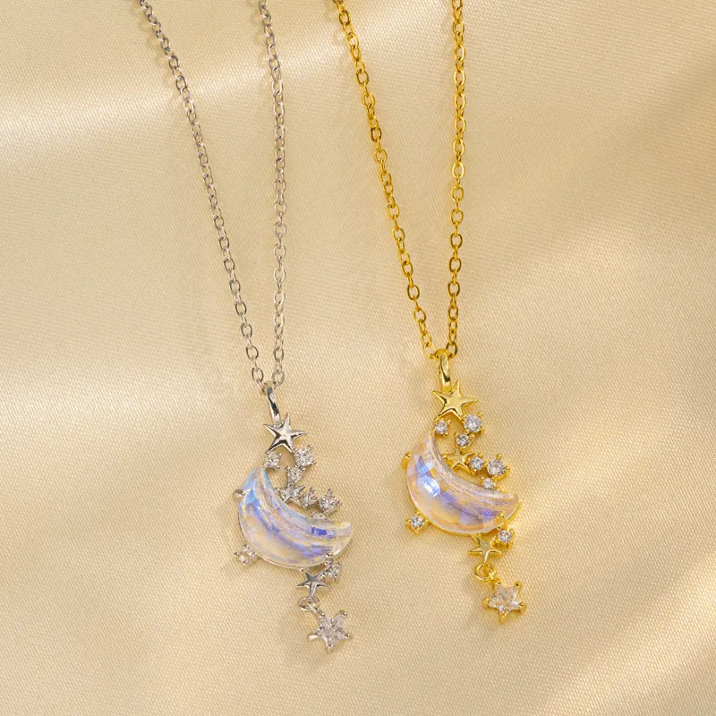 Mond Sterne Anhänger Halskette Edelstahl Irisierend Stein Strass Eingelegt Kette Schmuck Für Damen Gold Silber