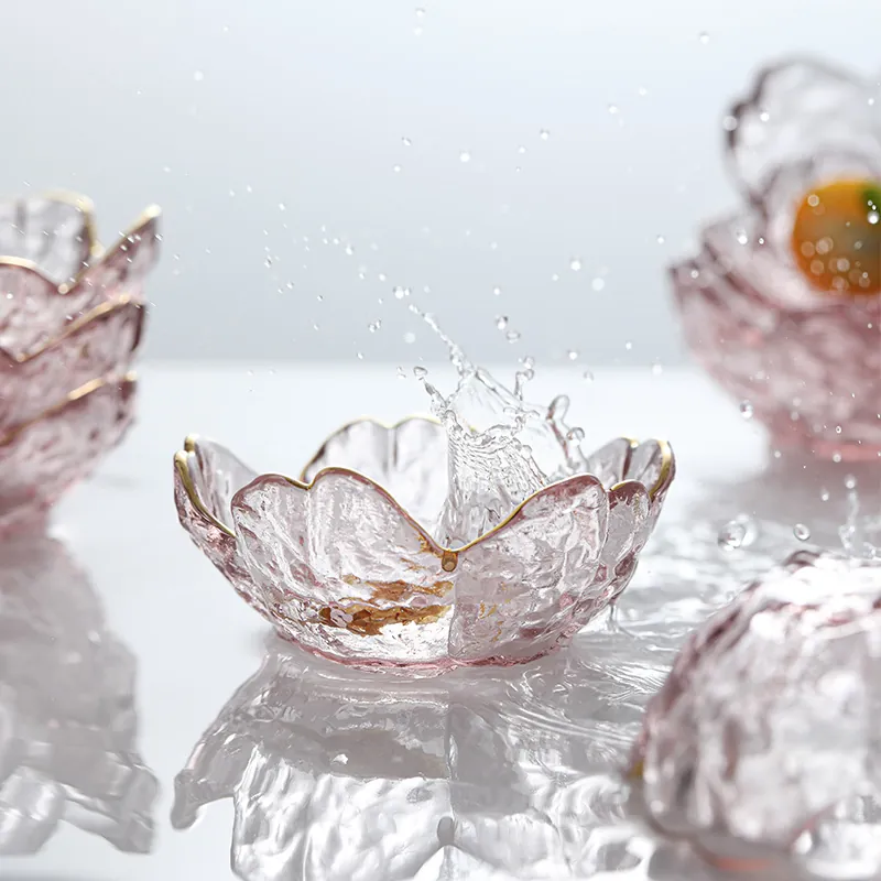 Sakura Glass Sauce Dish Hammered Texture Cherry Blossom Shape Japanese Style Condiment Bowl Gold Rim Decorative Dessert Plate