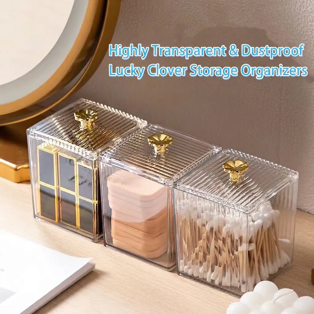 Transparent PET Storage Box With Gold Clover Handle Dustproof Desktop Organizer For Cotton Swabs Lipstick Jewelry