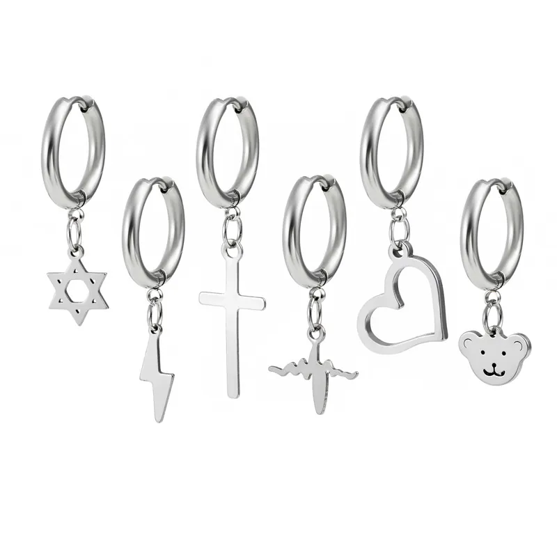 Stainless Steel Hoop Earrings With Pendants Punk Minimalist Geometric Dangle Earring Streetwear Jewelry For Men Women