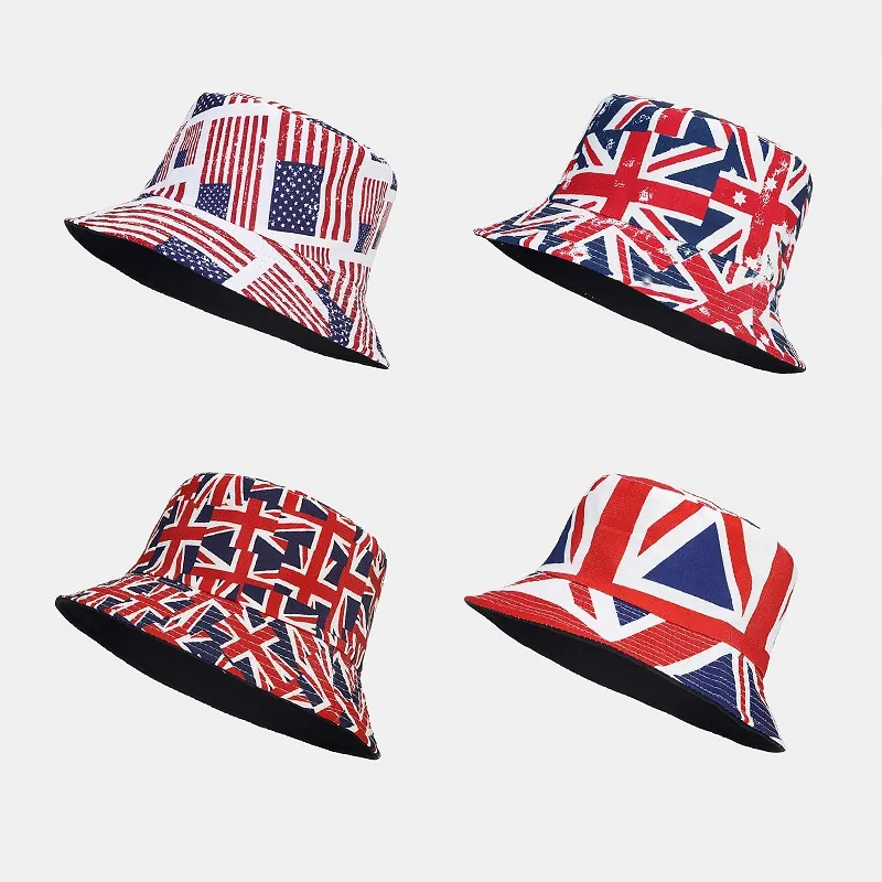 Reversible Bucket Hat Polyester US UK Flag Print Vintage Flat Top Wide Brim Sun Protection For Men Women Outdoor