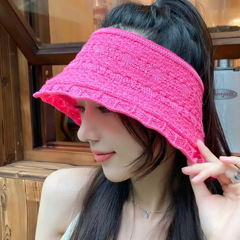 Cappello Visiera Donna Maglia Intrecciata Vuoto Top Pieghevole Bordo Ondulato Traspirante Elegante Estate Spiaggia Aperto Chic Accessorio