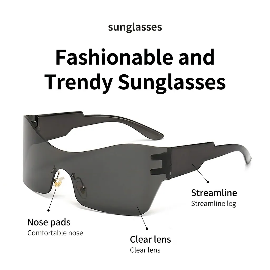 Rimless One Piece Shield Sunglasses PC UV400 Oversized Y2K Cyberpunk Eyewear For Outdoor Cycling Driving Women Men