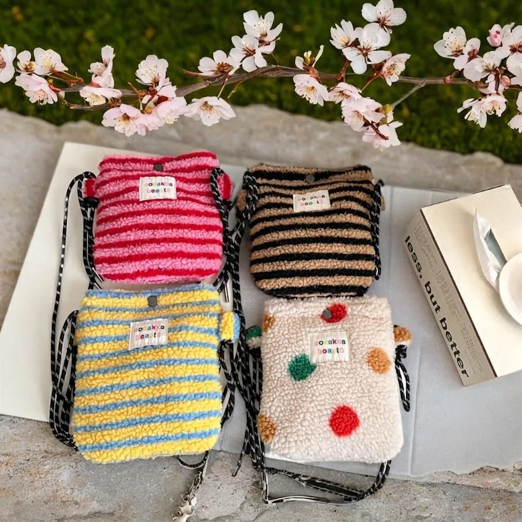 Plush Crossbody Bag Women Lamb Wool Mini Shoulder Purse Cute Leopard Heart Pattern Soft Fleece Small Handbag