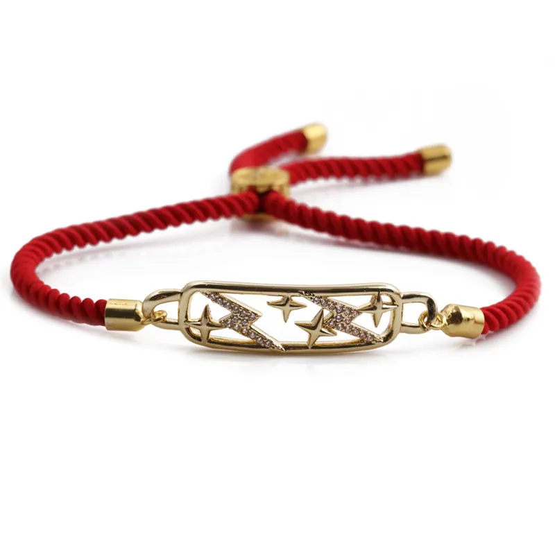 Bracciale Regolabile Rame Placcato Oro Zircone Stella Fulmine Piastra Traforata Cordino Intrecciato Gioielli Di Moda Per Donna