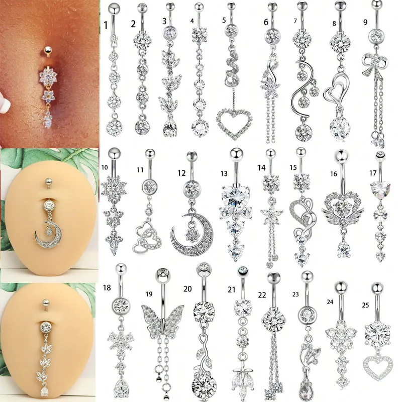 Belly Button Ring Stainless Steel Copper Navel Piercing Jewelry Dangle Heart Butterfly Moon Zircon Inlaid Elegant Silver