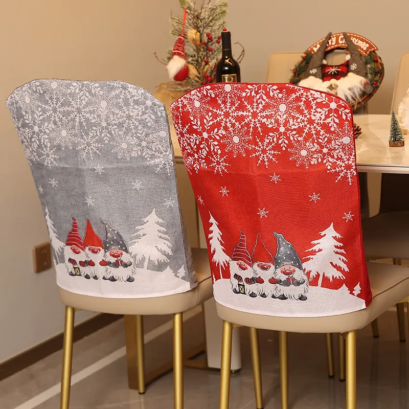 Christmas Chair Covers Red Gray Forest Gnome Snowflake Pattern Printed Chair Back Protector For Holiday Dining Room Party Home Decor