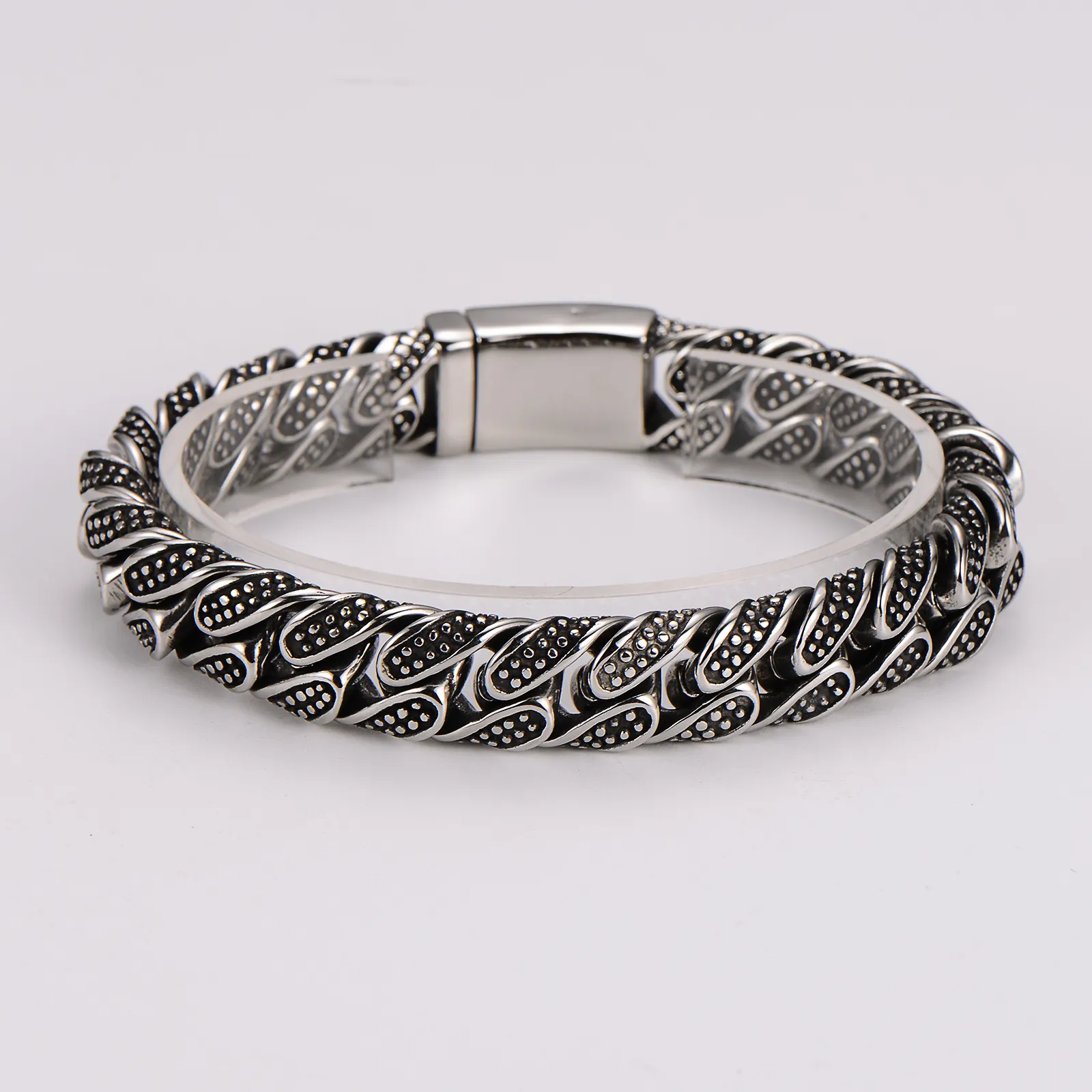 Men Stainless Steel Bracelet Vintage Retro Punk Woven Texture Geometric Dot Pattern Silver Black Metal Chain Jewelry