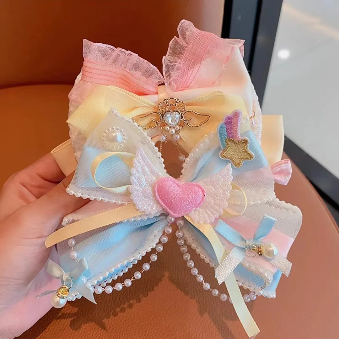 Kids Hair Clips Bow Lace Ribbon Faux Artificial Pearl Heart Wings Tassel Lolita Style Princess Hairpin Headwear For Girls