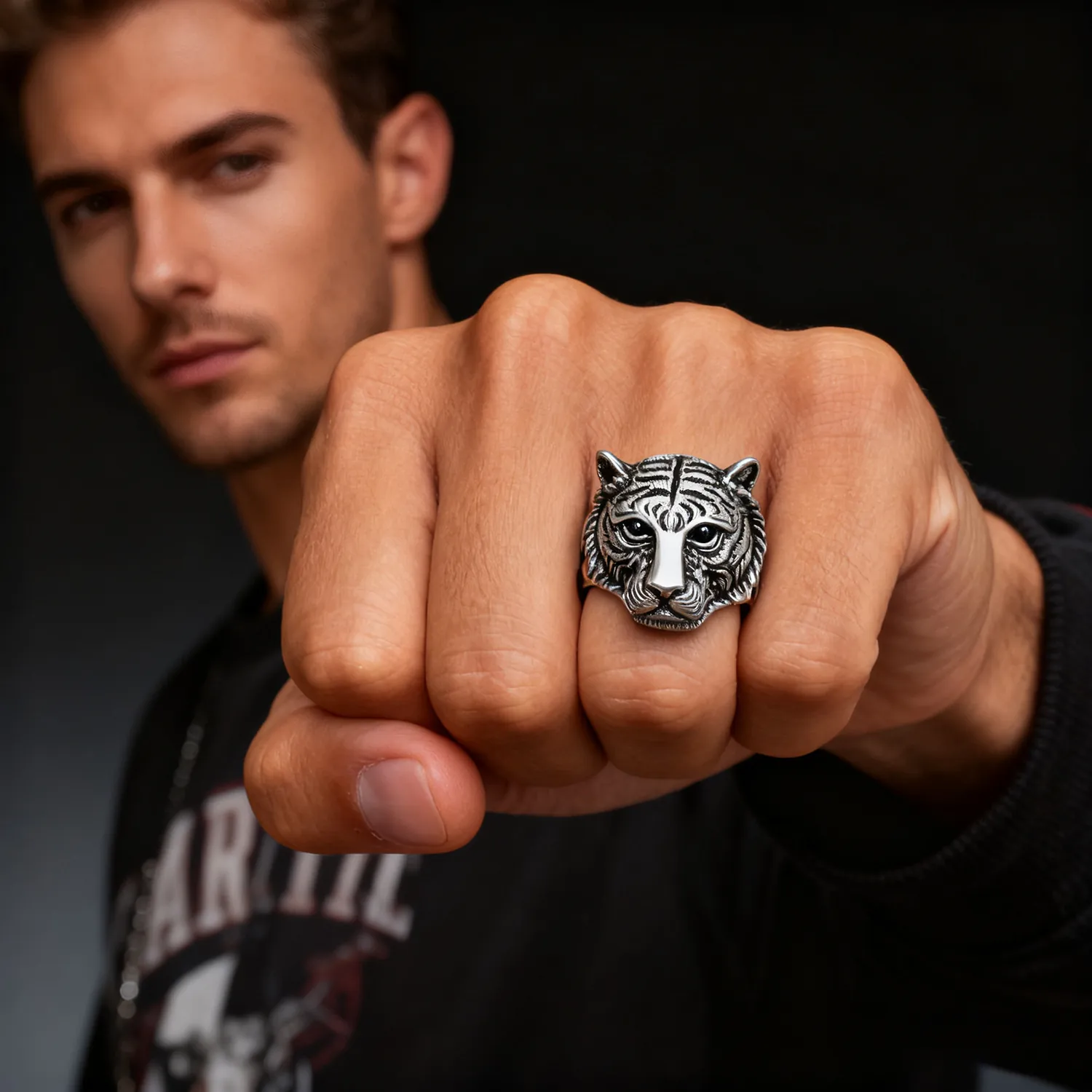 Tiger Head Ring Men Vintage Punk Retro 316L Stainless Steel Animal Biker Jewelry Silver Color