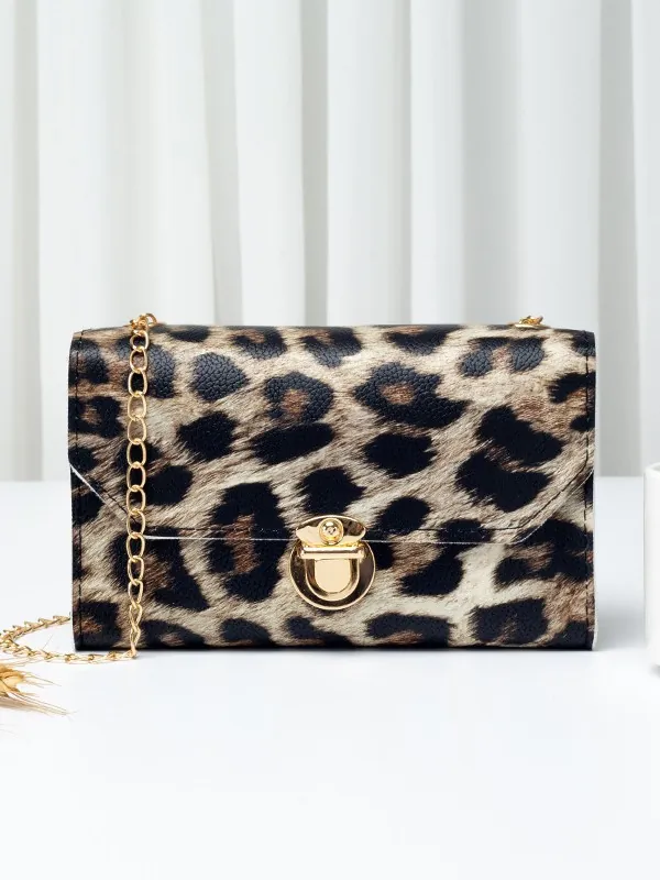 Women Crossbody Bag PU Leather Animal Print Leopard Zebra Snake Gold Chain Metal Lock Mini Square Fashion Shoulder Bag