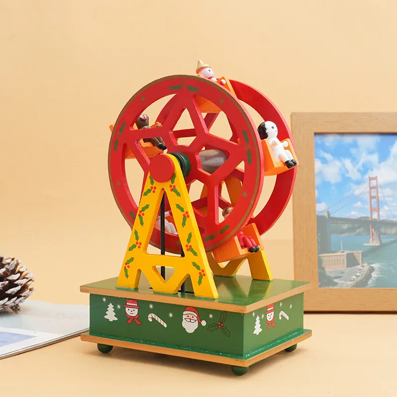Wooden Christmas Ferris Wheel Music Box Rotating Mechanical Desktop Decor Santa Snowman Figures Holiday Gift For Kids